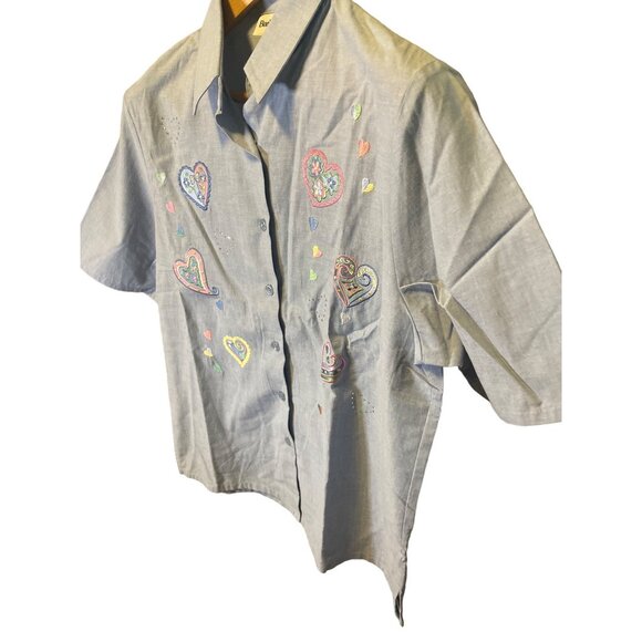 BonWorth Blue Short Sleeve Heart Embroidered Button Up Blouse Top SZ Small - Picture 3 of 7
